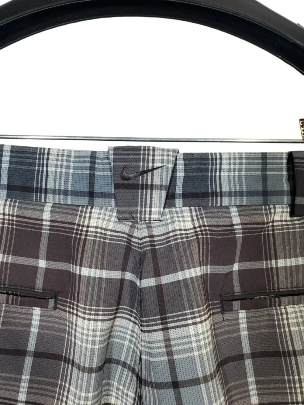 Nike Golf Chino Shorts Men's 34 Grey Black Plaid Dri-Fit Performance Flat Front